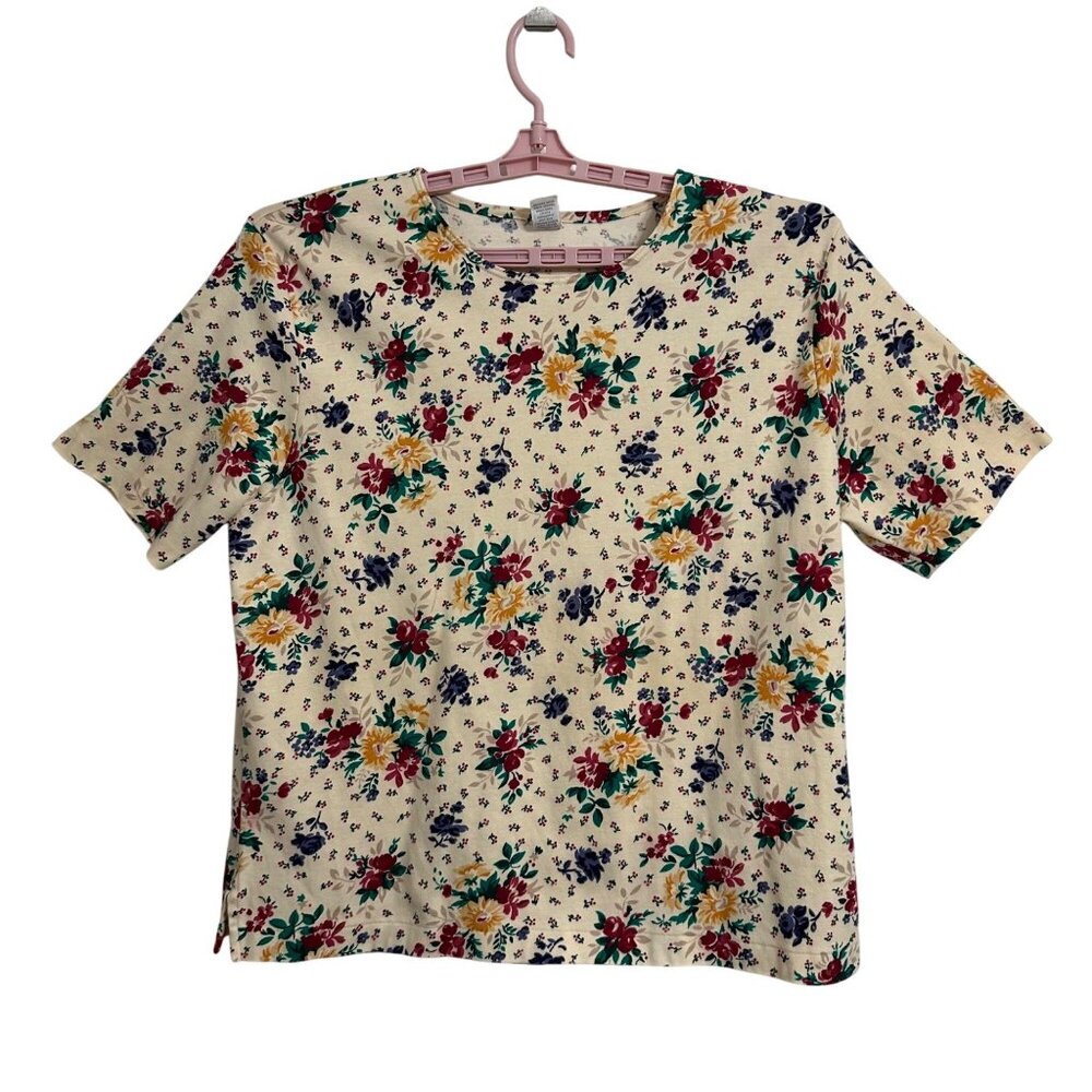 Lands End Womens Floral Cotton Short Sleeve Top XL Cream Multicolor Cottagecore - Picture 1 of 6